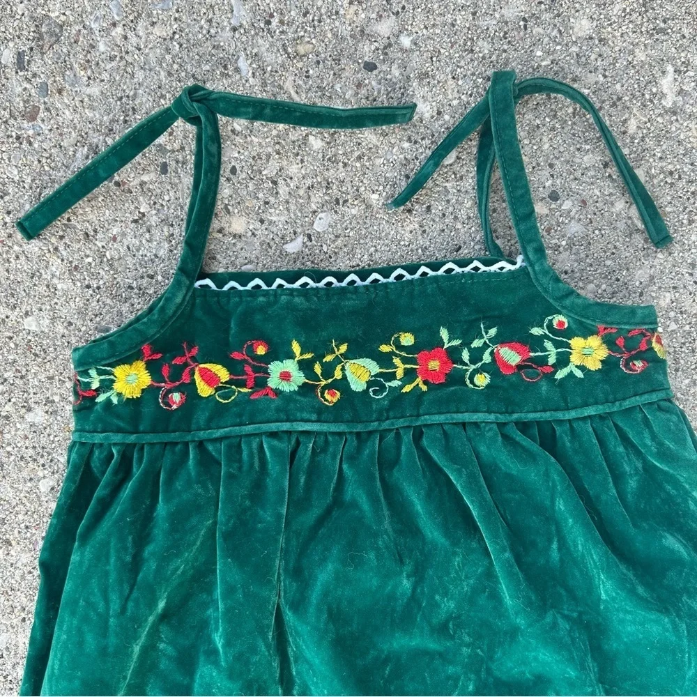Vintage Toddler Green Velvet Dress Embroidered Floral Pinafore 2T 3T
